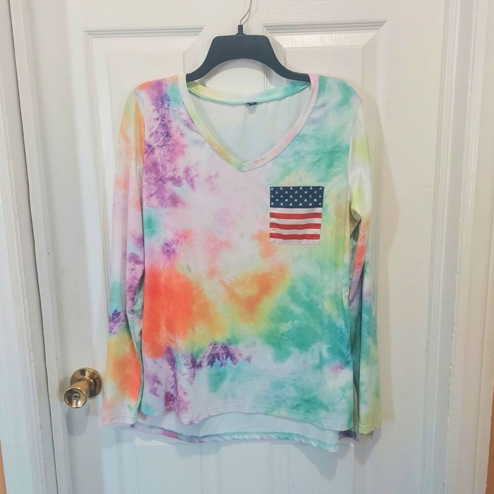 Ouges Tie Dye Shirt Americana Pocket Patriotic 4th of July Colorful Summer Top